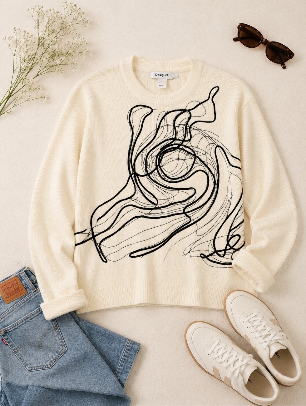 Desigual Christian Lacroix Brushstroke Cream Crewneck Abstract Sweater Ladies L
